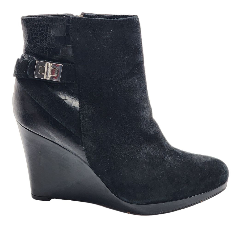 COLE HAAN Martina Black Suede & Croc-Embossed Leather Wedge Ankle Boots Size 9